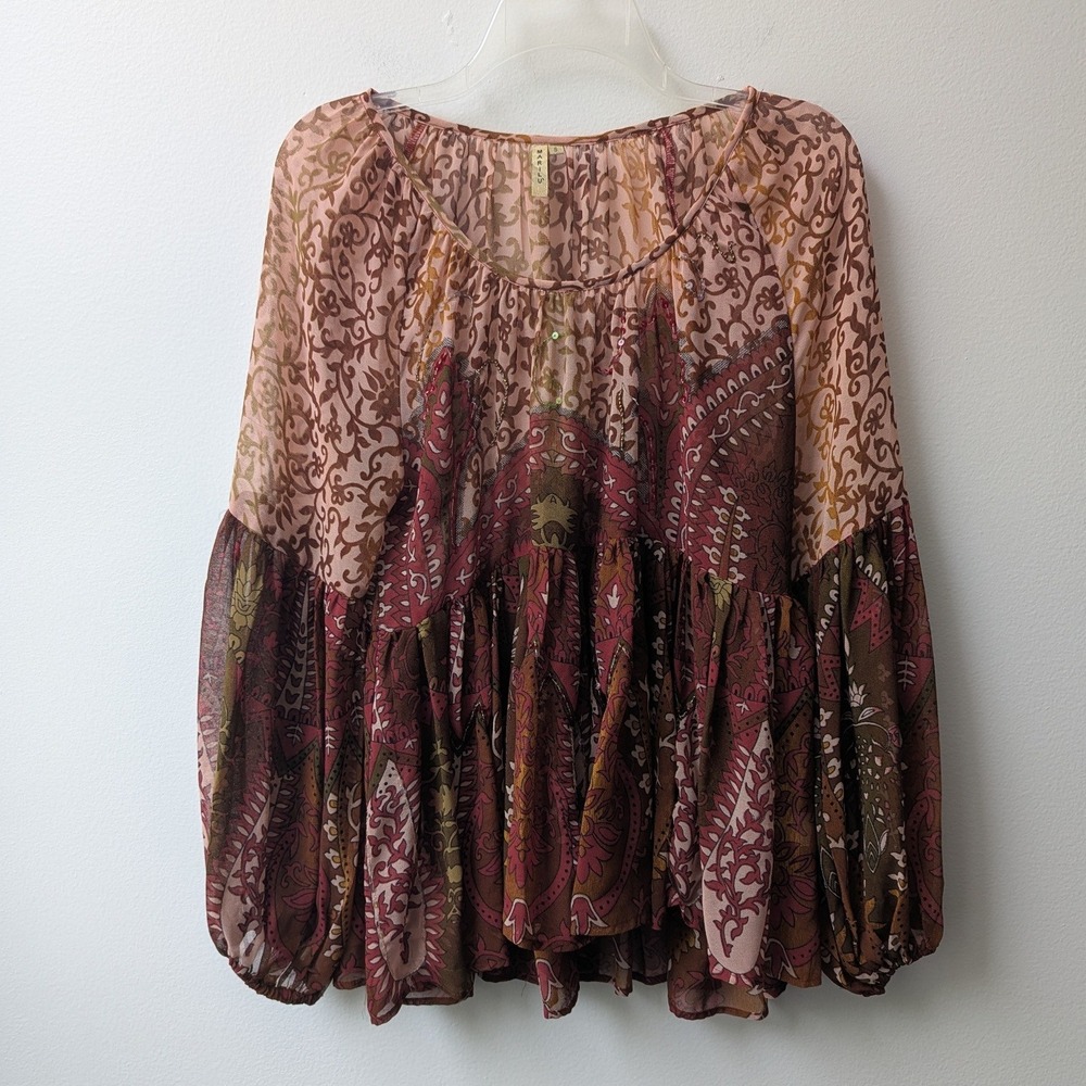 Marilu Blouse Pink Paisley Sheer Sequin Tiered Balloon Sleeve Sz S Boho Peasant